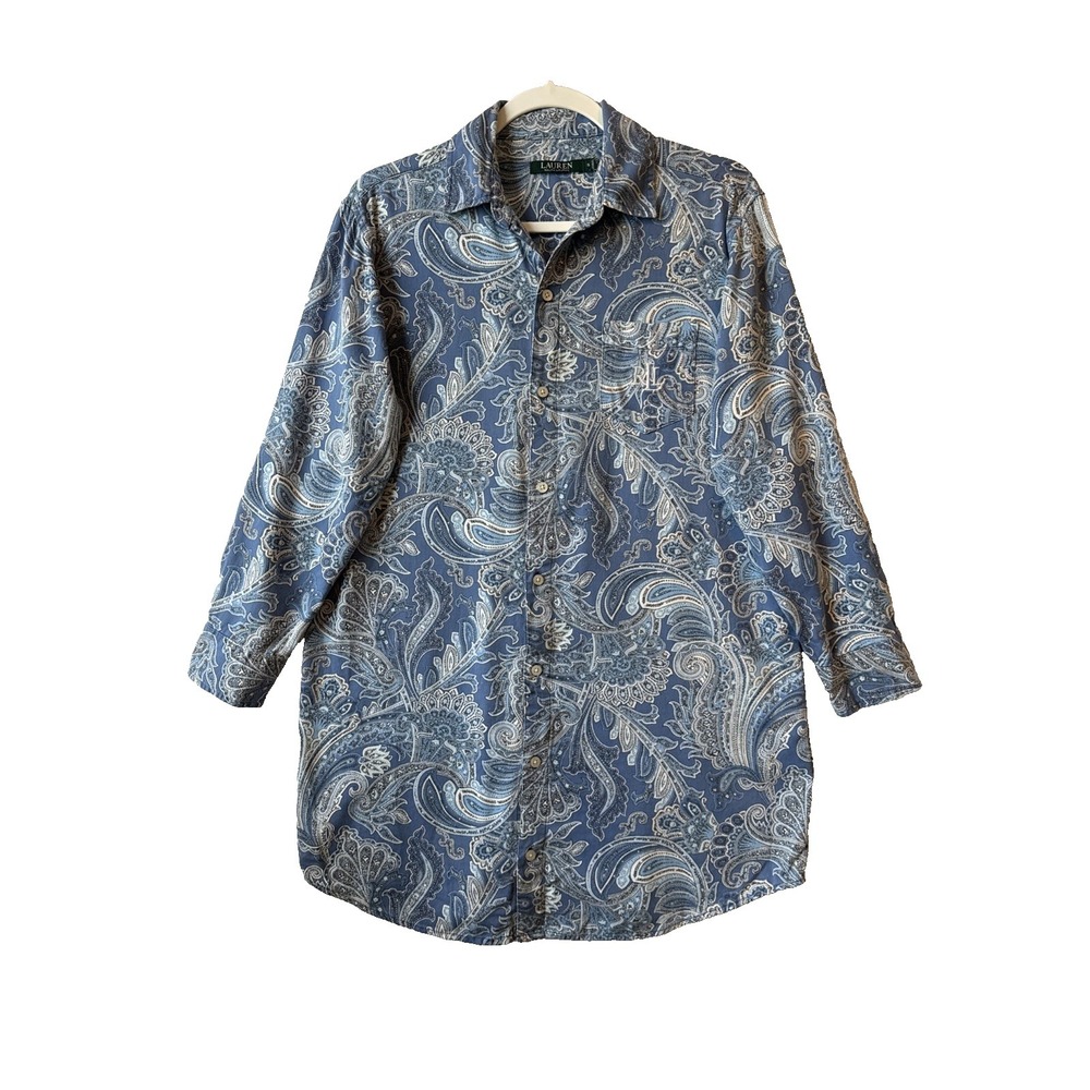 Lauren Ralph Lauren Sleep Shirt S Blue Paisley Button Down Embroidered Logo‎ LRL